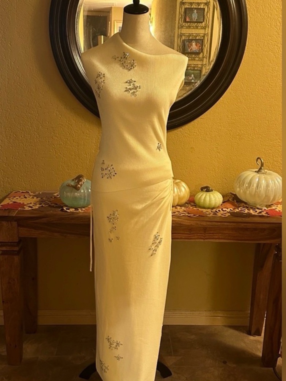 Elegant Cream Embellished Two Piece Maxi Skirt and One-Shoulder Top